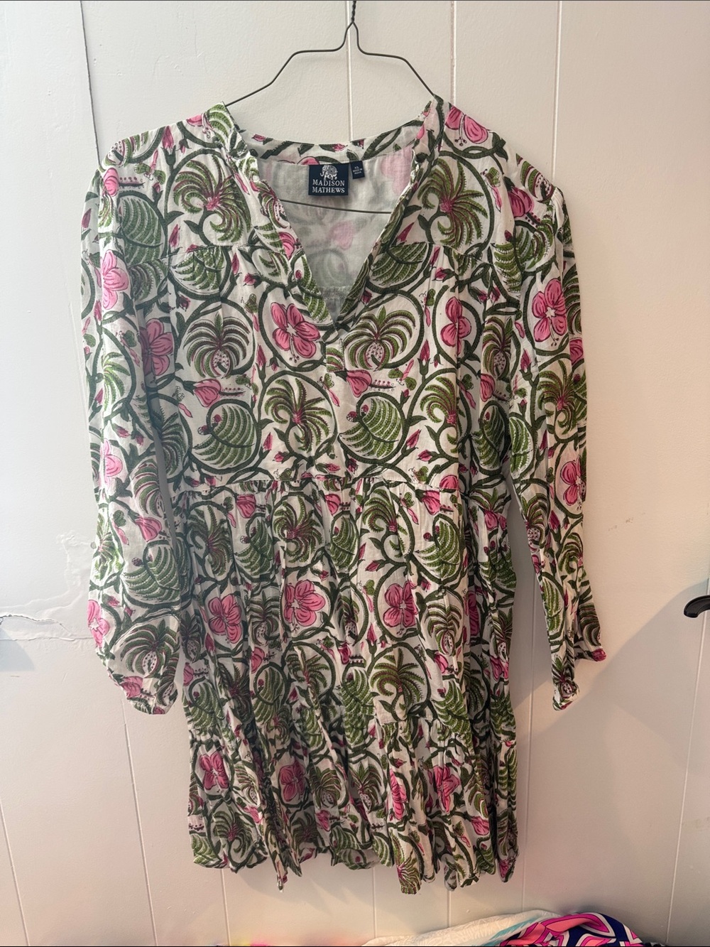 Madison Matthews Pink & Green Floral Long-Sleeve Dress
